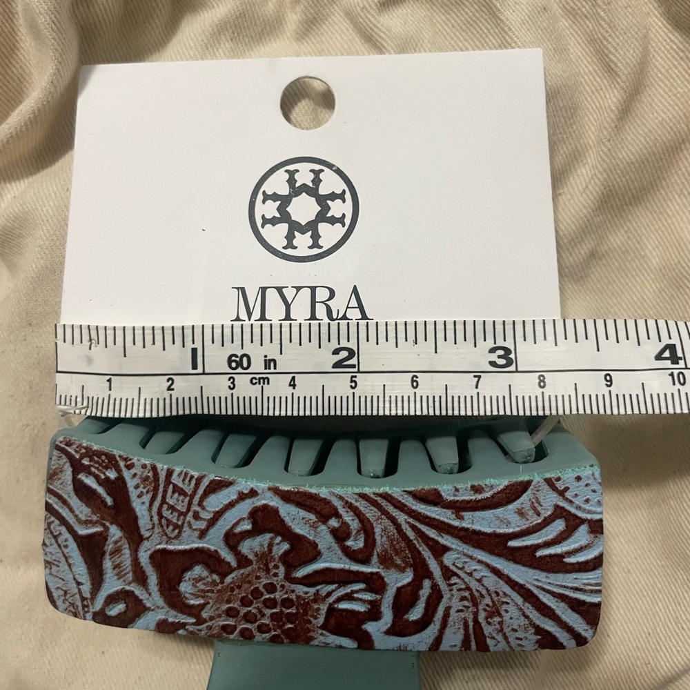 NWT Myra Bag Leather Western Turquoise and Brown Hair Clip 3.5” - Picture 3 of 5
